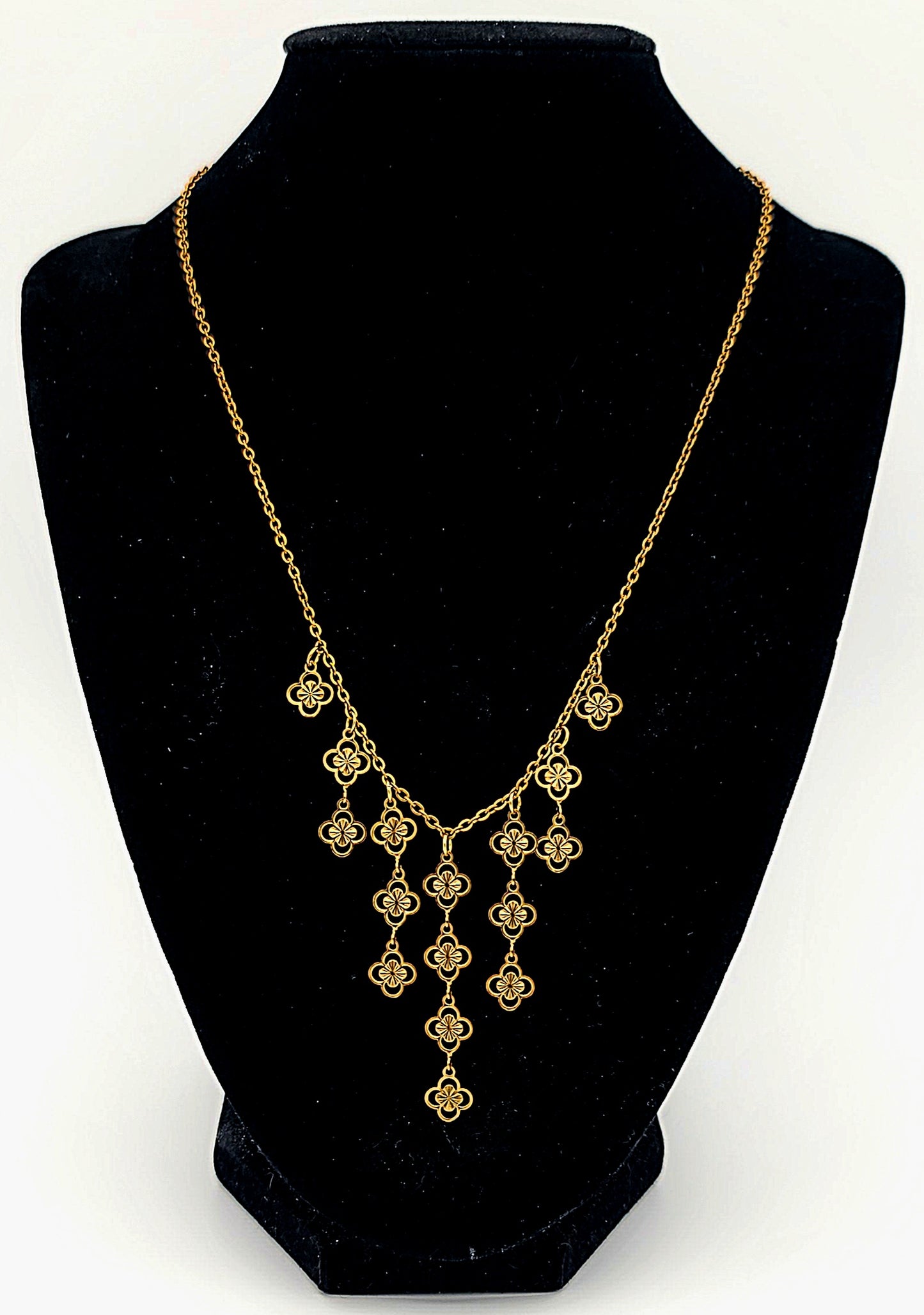 Cascade Fringe Clover Drop Gold Stainless Steel Necklace