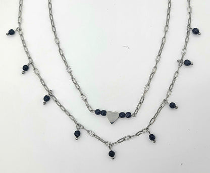 Moonlight Romance Double-Layer Blue Sandstone Heart Necklace