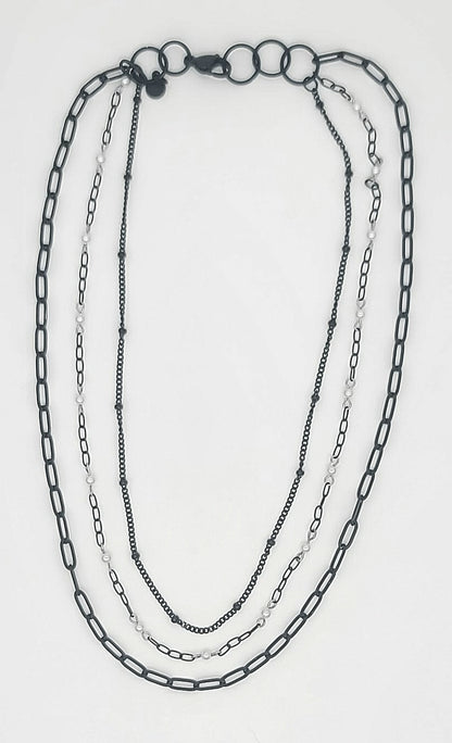 Triple Threat 3 Layer Black Stainless & Shell Pearl Necklace