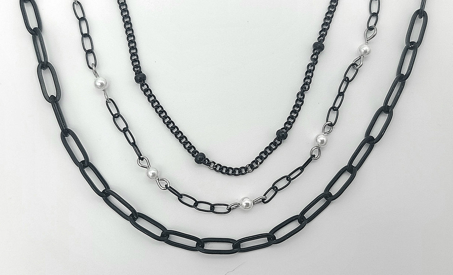 Triple Threat 3 Layer Black Stainless & Shell Pearl Necklace
