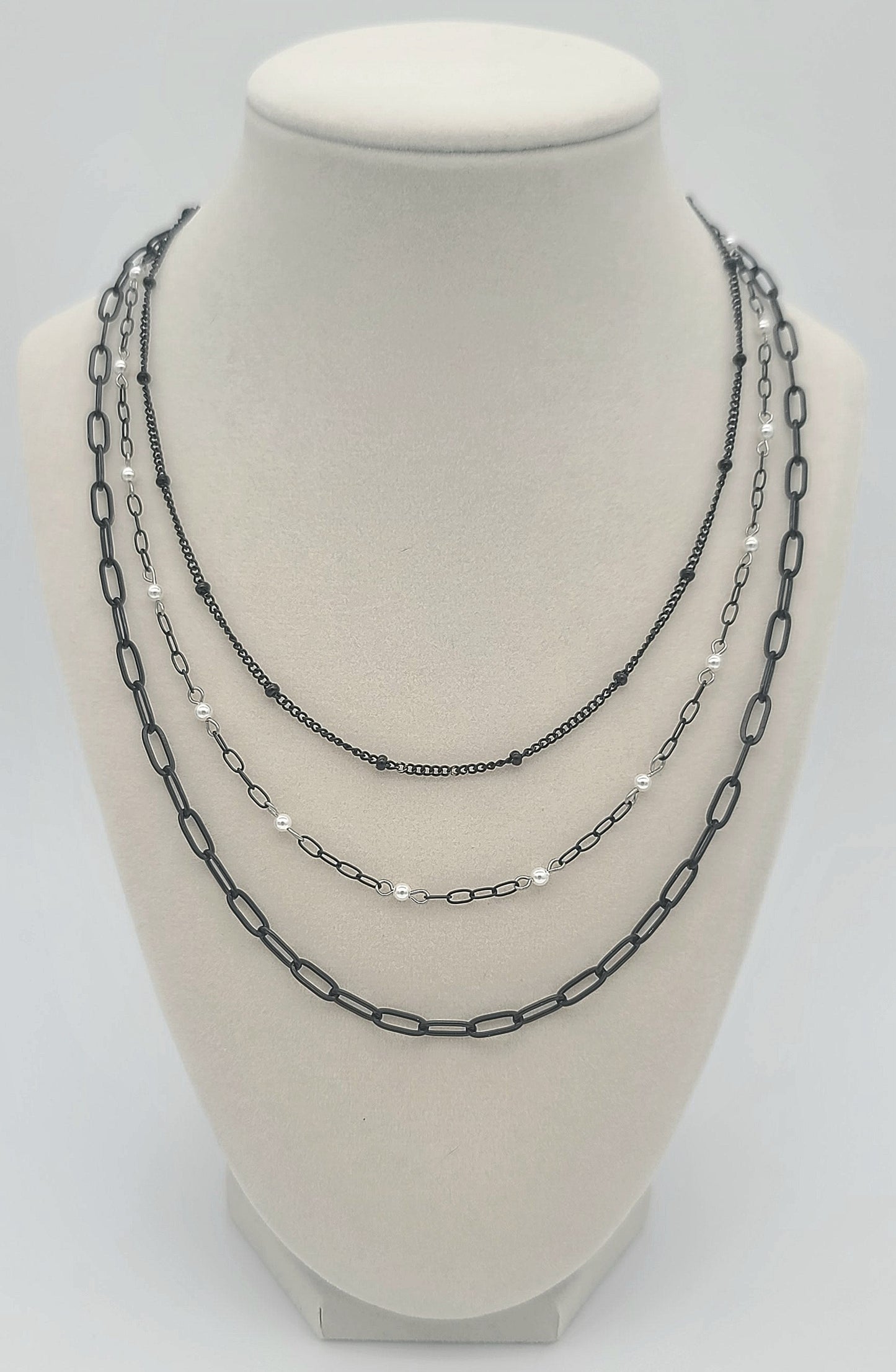 Triple Threat 3 Layer Black Stainless & Shell Pearl Necklace