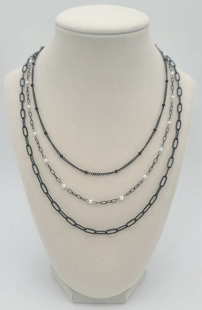 Triple Threat 3 Layer Black Stainless & Shell Pearl Necklace