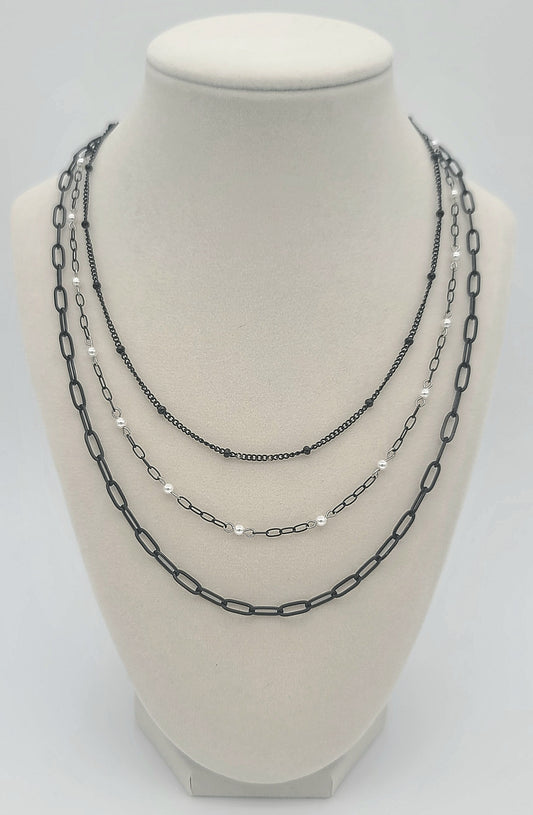 Triple Threat 3 Layer Black Stainless & Shell Pearl Necklace