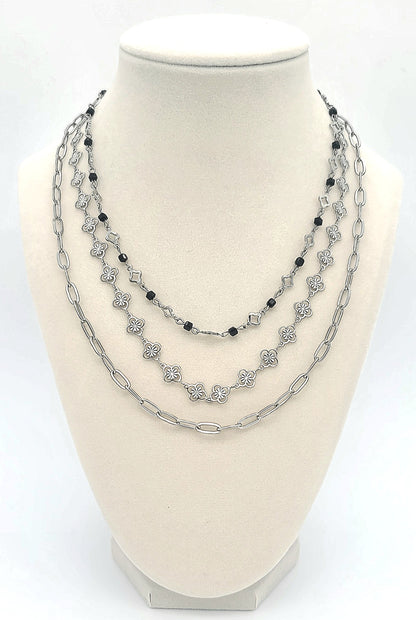 Clovers and Starcoin with Black Spinel Triple Layer Stainless Steel Necklace