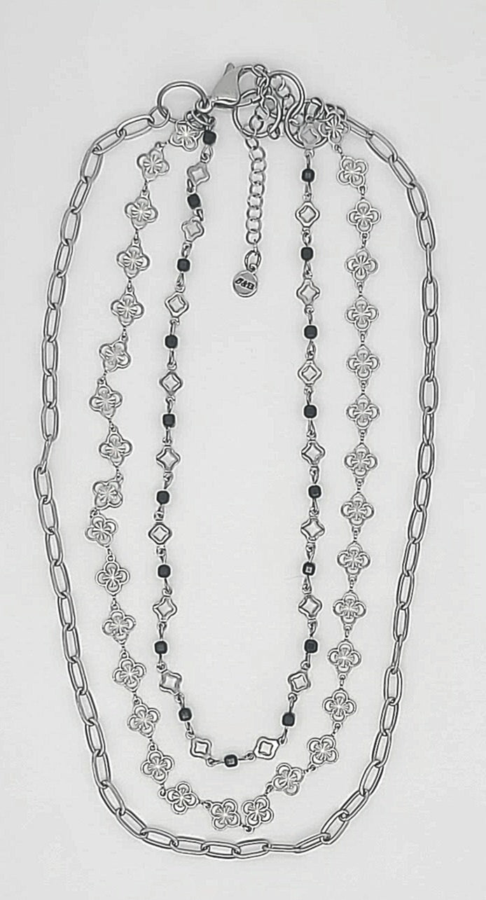 Clovers and Starcoin with Black Spinel Triple Layer Stainless Steel Necklace