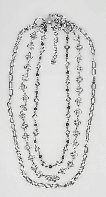 Clovers and Starcoin with Black Spinel Triple Layer Stainless Steel Necklace