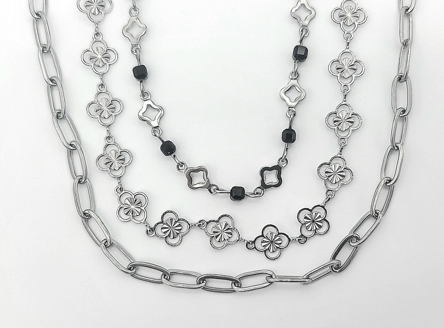 Clovers and Starcoin with Black Spinel Triple Layer Stainless Steel Necklace