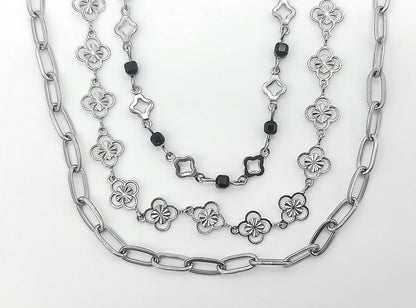 Clovers and Starcoin with Black Spinel Triple Layer Stainless Steel Necklace