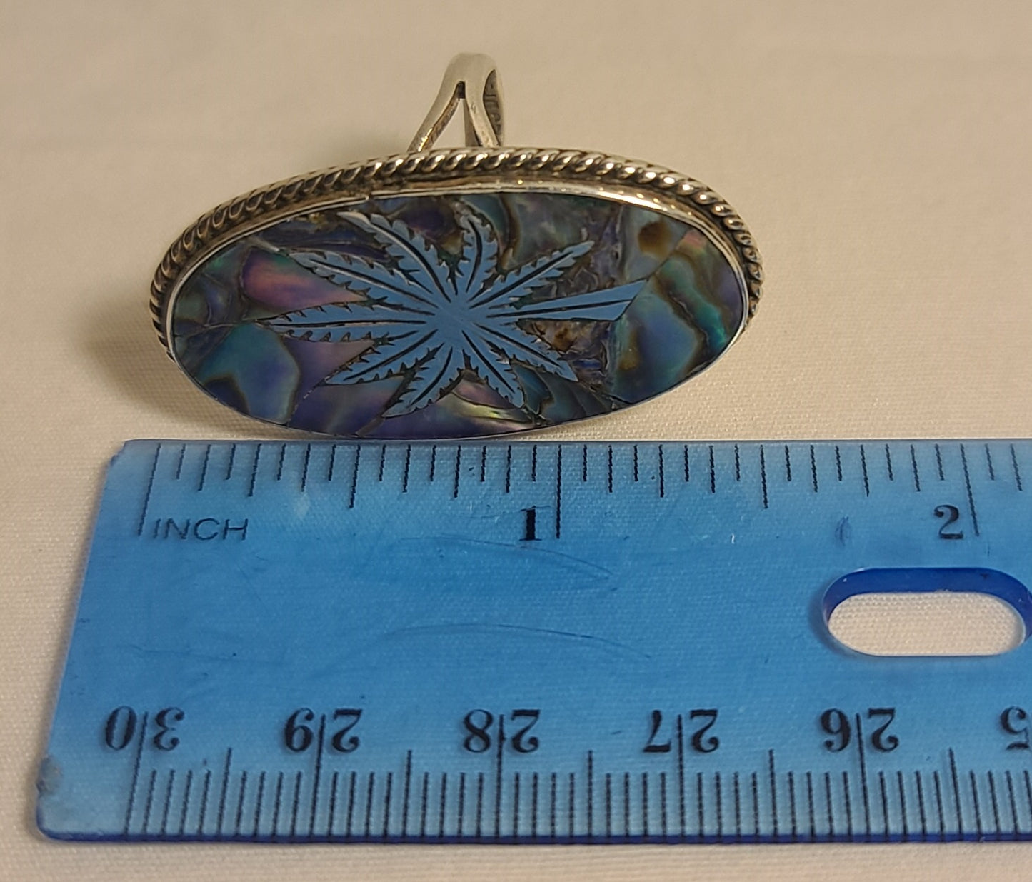 Abalone Marijuana Leaf Vintage Sterling Silver Ring, Size 7