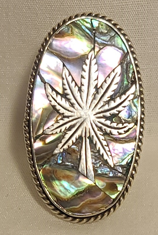 Abalone Marijuana Leaf Vintage Sterling Silver Ring, Size 7