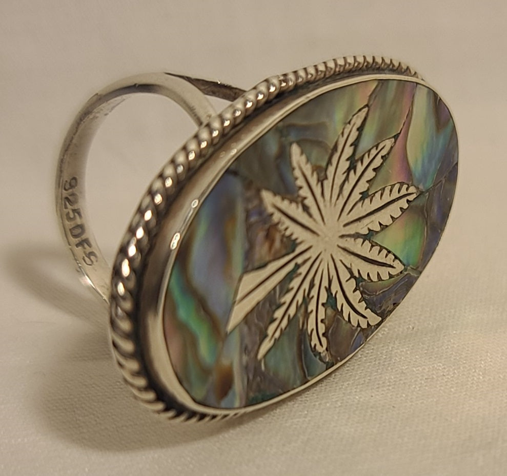 Abalone Marijuana Leaf Vintage Sterling Silver Ring, Size 7