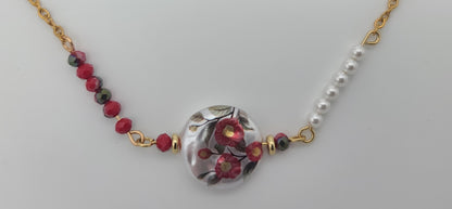Floral Bead with Alternating Faceted Red Bead & Shell Pearl Gold Stainless Steel Chain Necklace