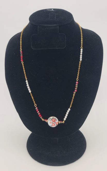 Floral Bead with Alternating Faceted Red Bead & Shell Pearl Gold Stainless Steel Chain Necklace