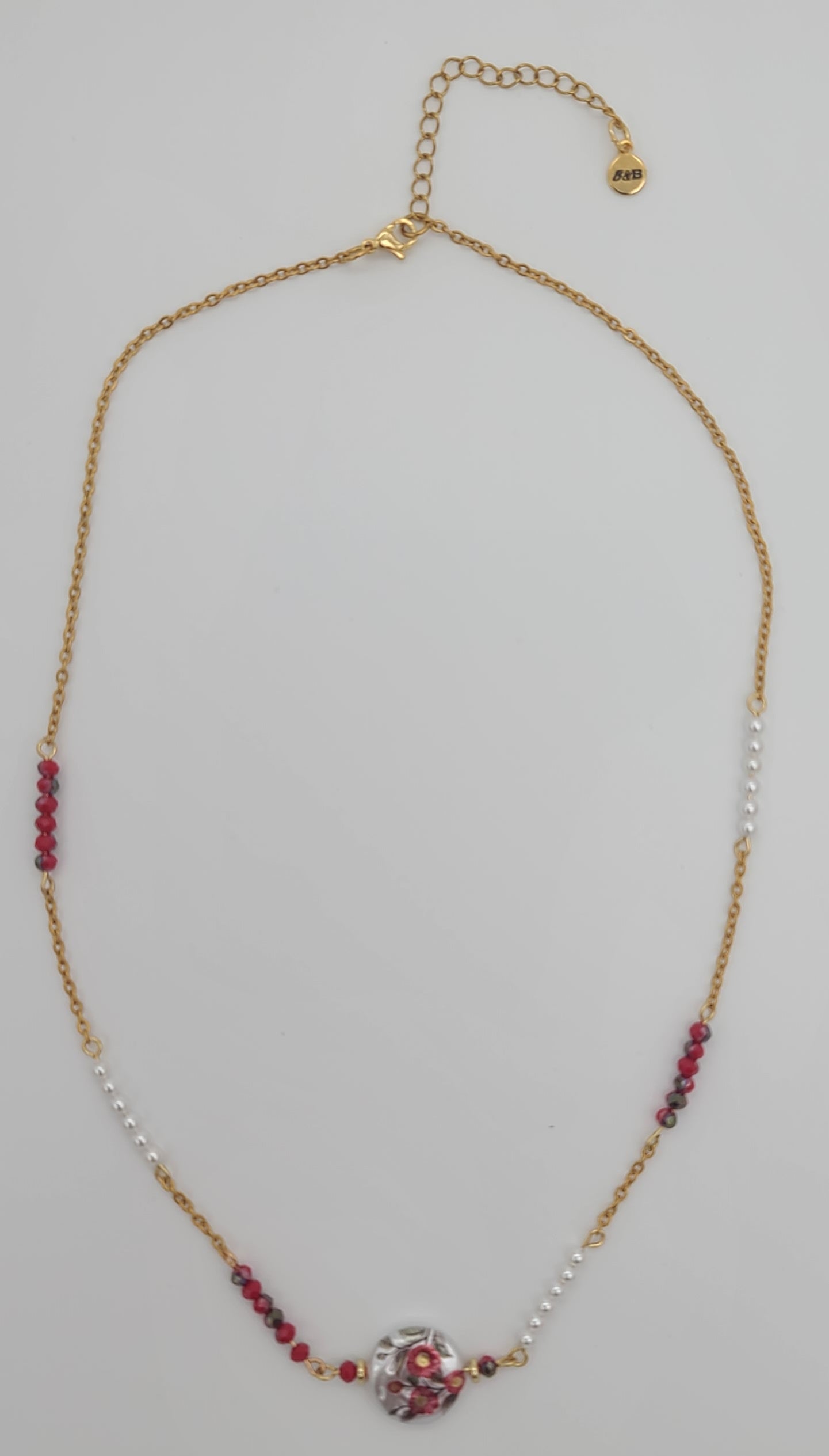 Floral Bead with Alternating Faceted Red Bead & Shell Pearl Gold Stainless Steel Chain Necklace