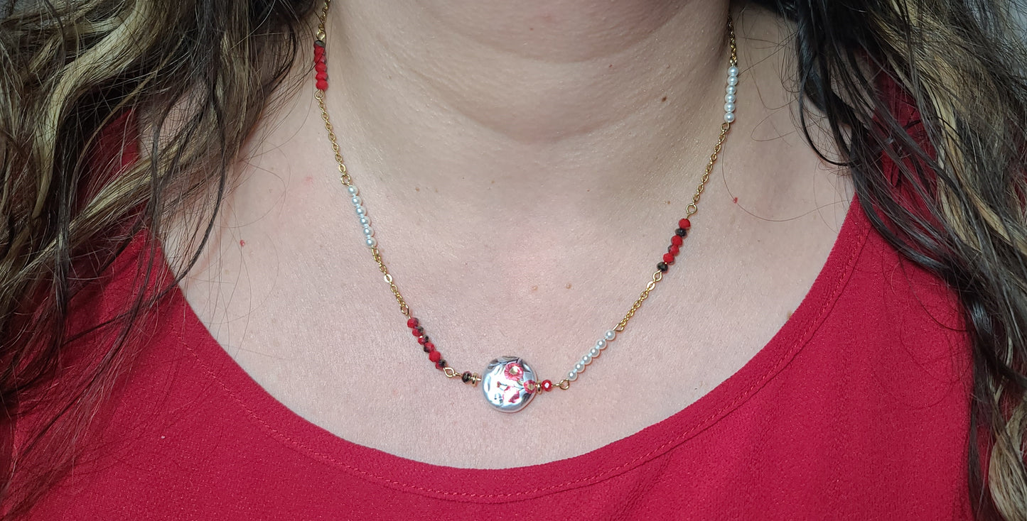 Floral Bead with Alternating Faceted Red Bead & Shell Pearl Gold Stainless Steel Chain Necklace