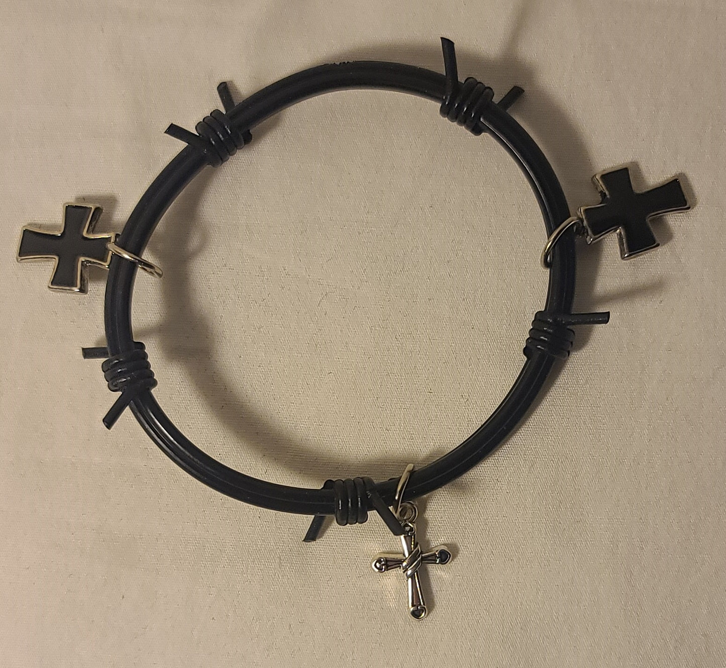 Vintage Rubber Barbed-Wire Bracelet w/ Cross Charms – Upcycled