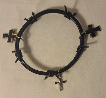 Vintage Rubber Barbed-Wire Bracelet w/ Cross Charms – Upcycled
