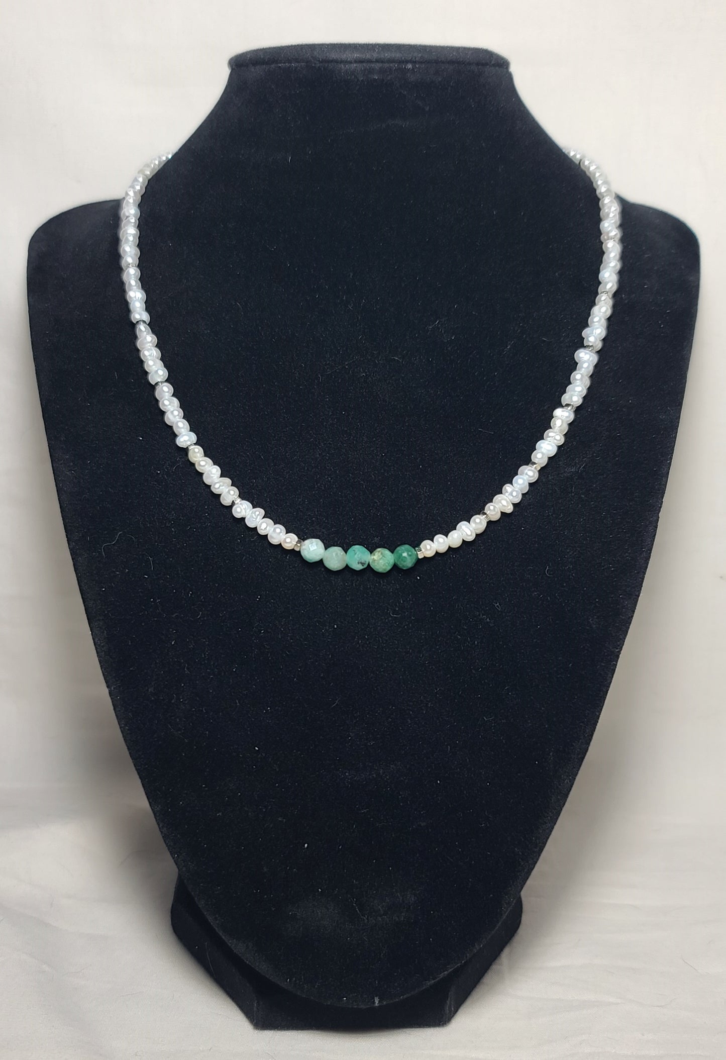 Baroque Pearl with Natural Emerald Beads 17"+2.5" Stainless Steel Dainty Necklace