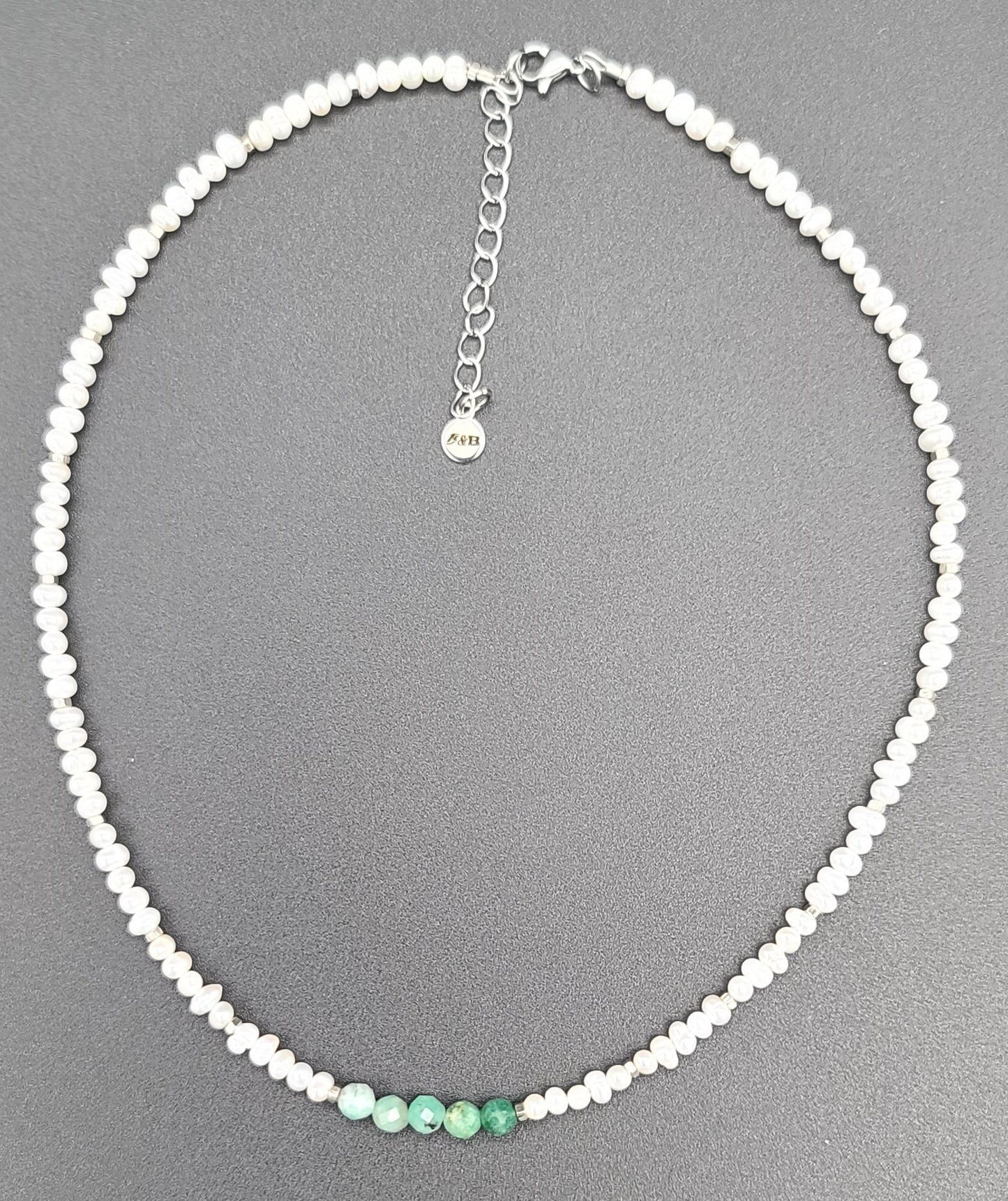 Baroque Pearl with Natural Emerald Beads 17"+2.5" Stainless Steel Dainty Necklace