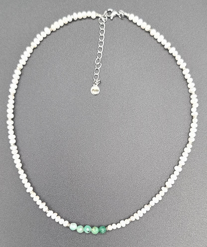 Baroque Pearl with Natural Emerald Beads 17"+2.5" Stainless Steel Dainty Necklace
