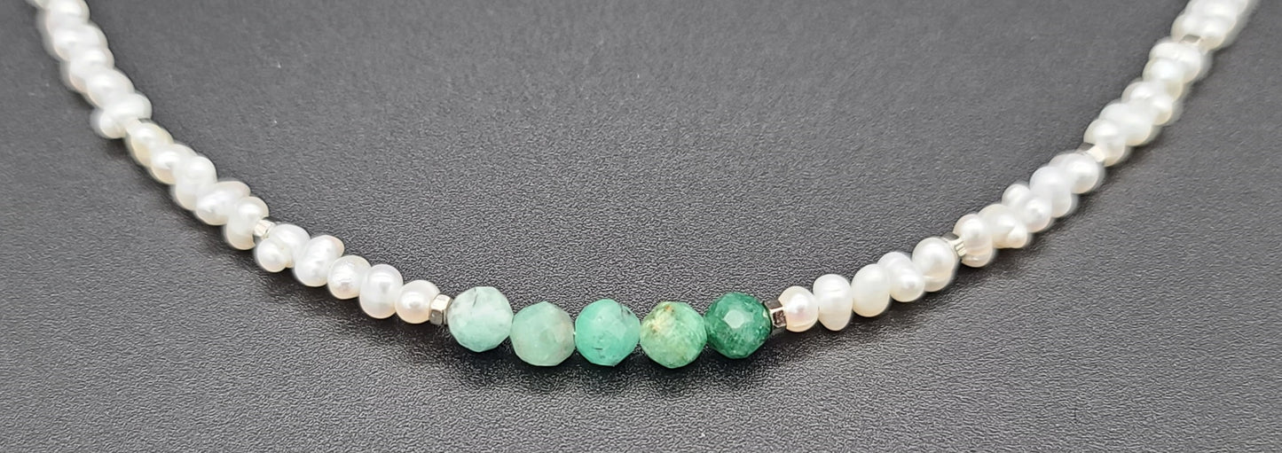 Baroque Pearl with Natural Emerald Beads 17"+2.5" Stainless Steel Dainty Necklace