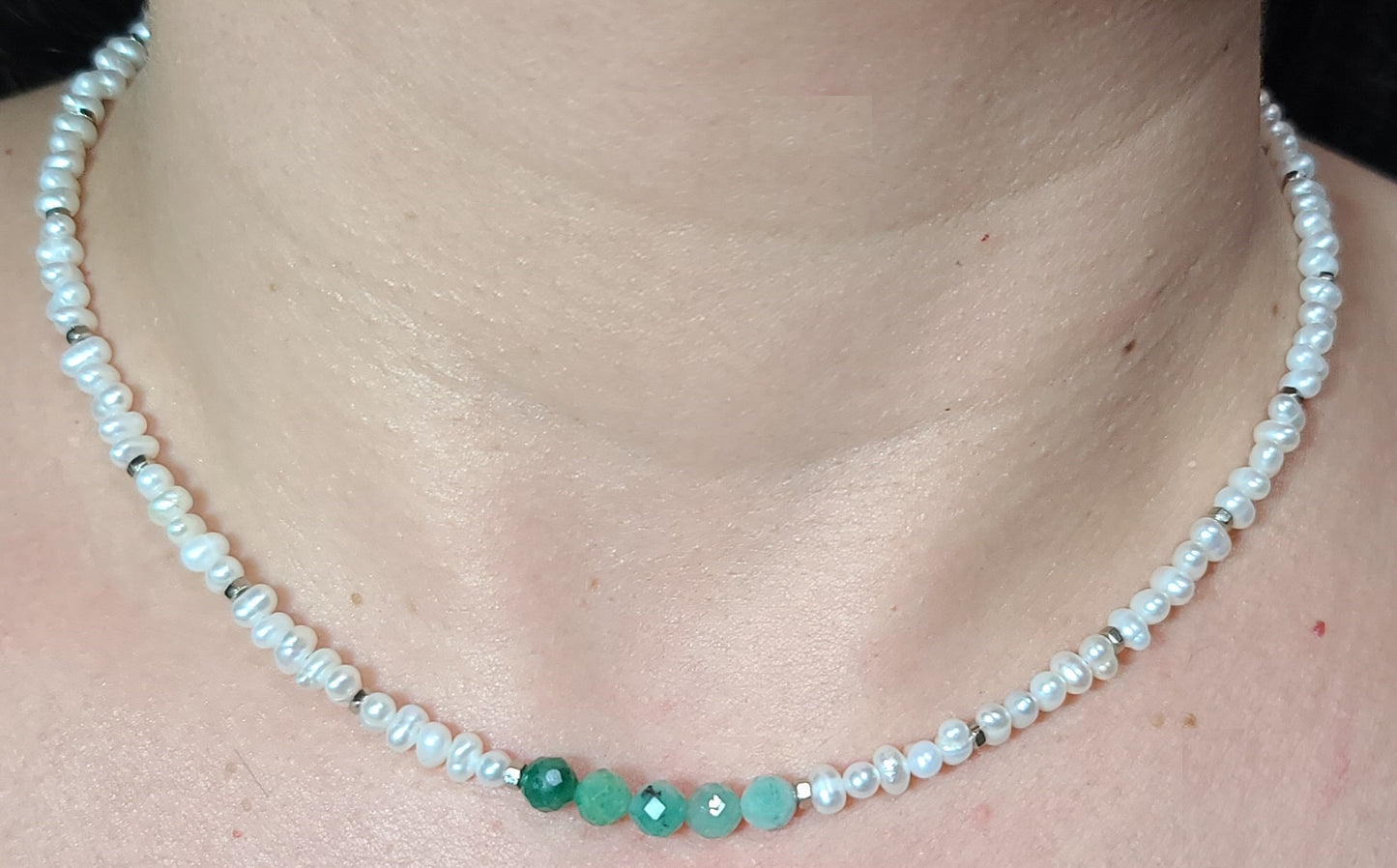 Baroque Pearl with Natural Emerald Beads 17"+2.5" Stainless Steel Dainty Necklace