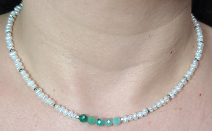 Baroque Pearl with Natural Emerald Beads 17"+2.5" Stainless Steel Dainty Necklace