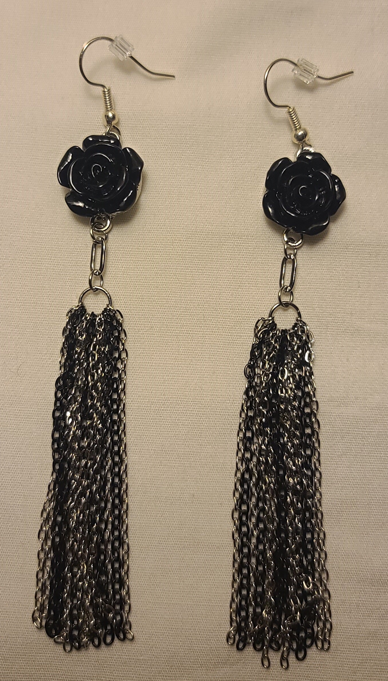 Black Flower with Stainless Steel Two-Tone Black & Silver Dangle Chain Earrings