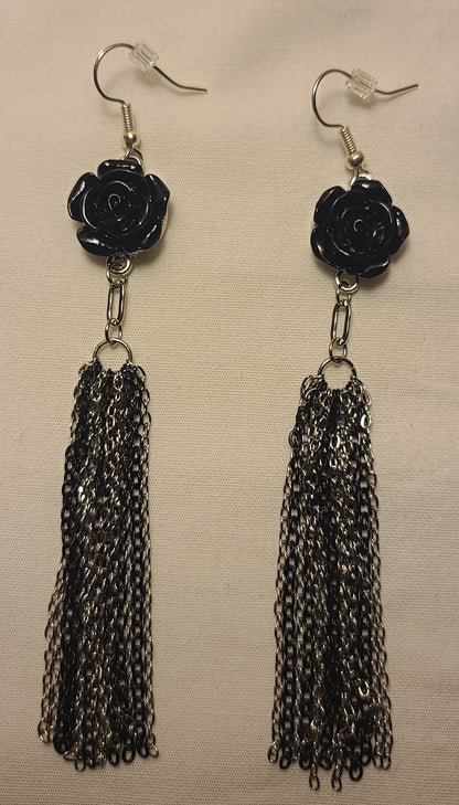 Black Flower with Stainless Steel Two-Tone Black & Silver Dangle Chain Earrings