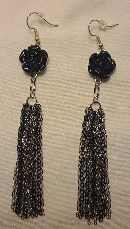 Black Flower with Stainless Steel Two-Tone Black & Silver Dangle Chain Earrings