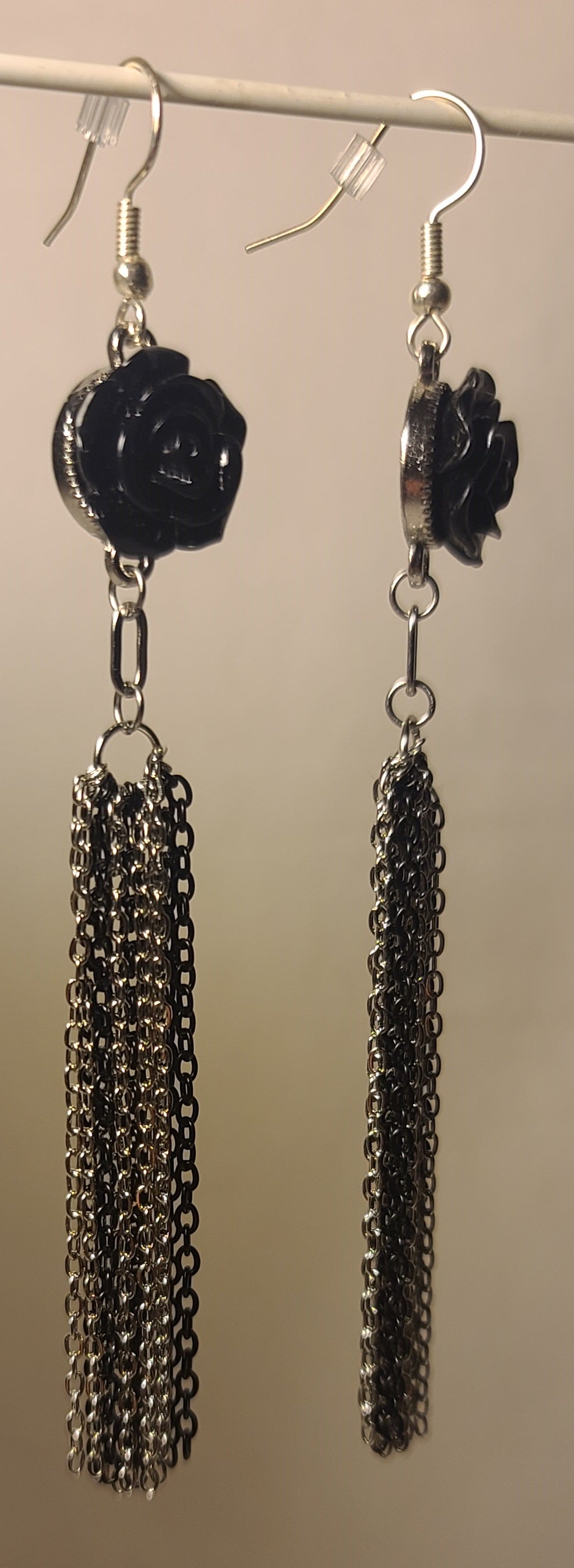 Black Flower with Stainless Steel Two-Tone Black & Silver Dangle Chain Earrings
