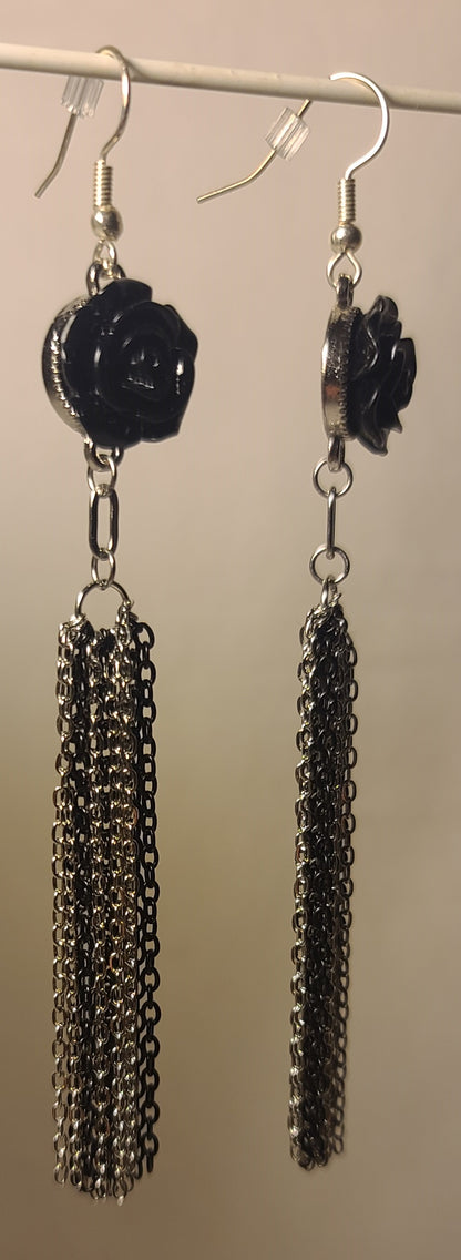 Black Flower with Stainless Steel Two-Tone Black & Silver Dangle Chain Earrings
