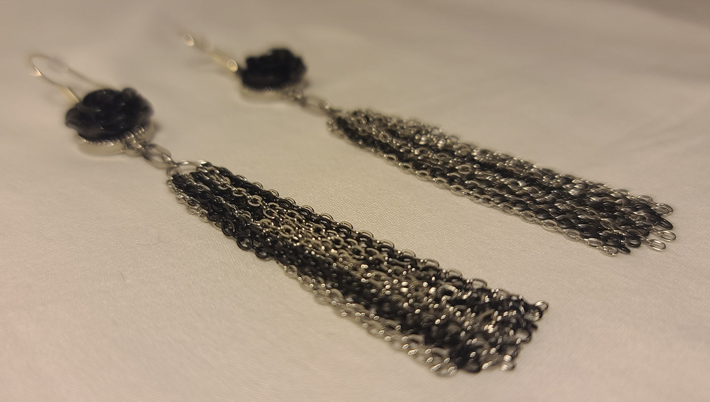 Black Flower with Stainless Steel Two-Tone Black & Silver Dangle Chain Earrings