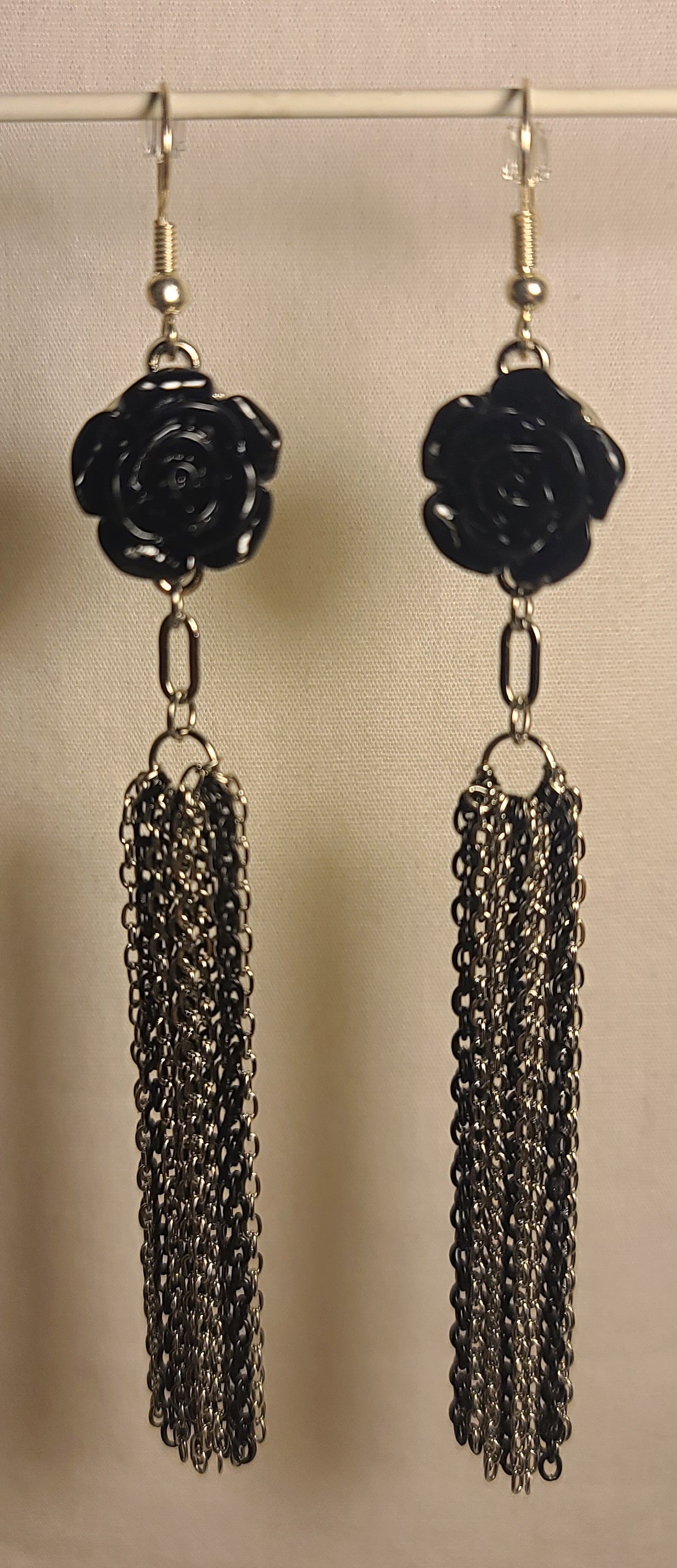 Black Flower with Stainless Steel Two-Tone Black & Silver Dangle Chain Earrings