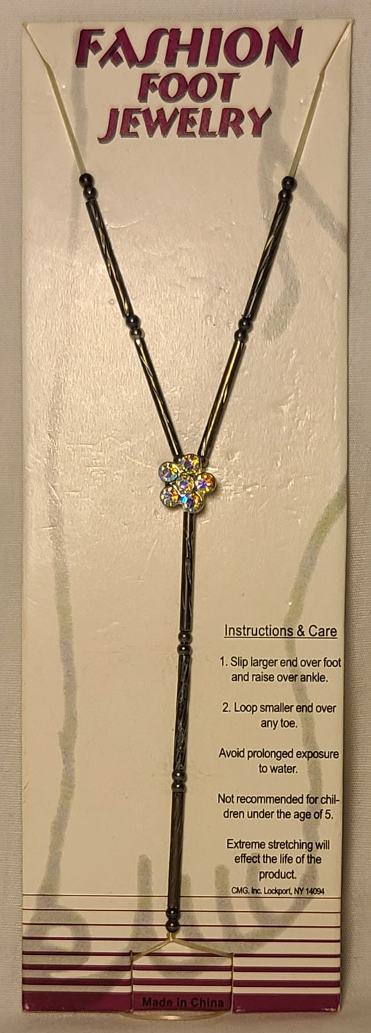 Black Beaded Fashion Foot Jewelry with Rhinestone Flower Accent