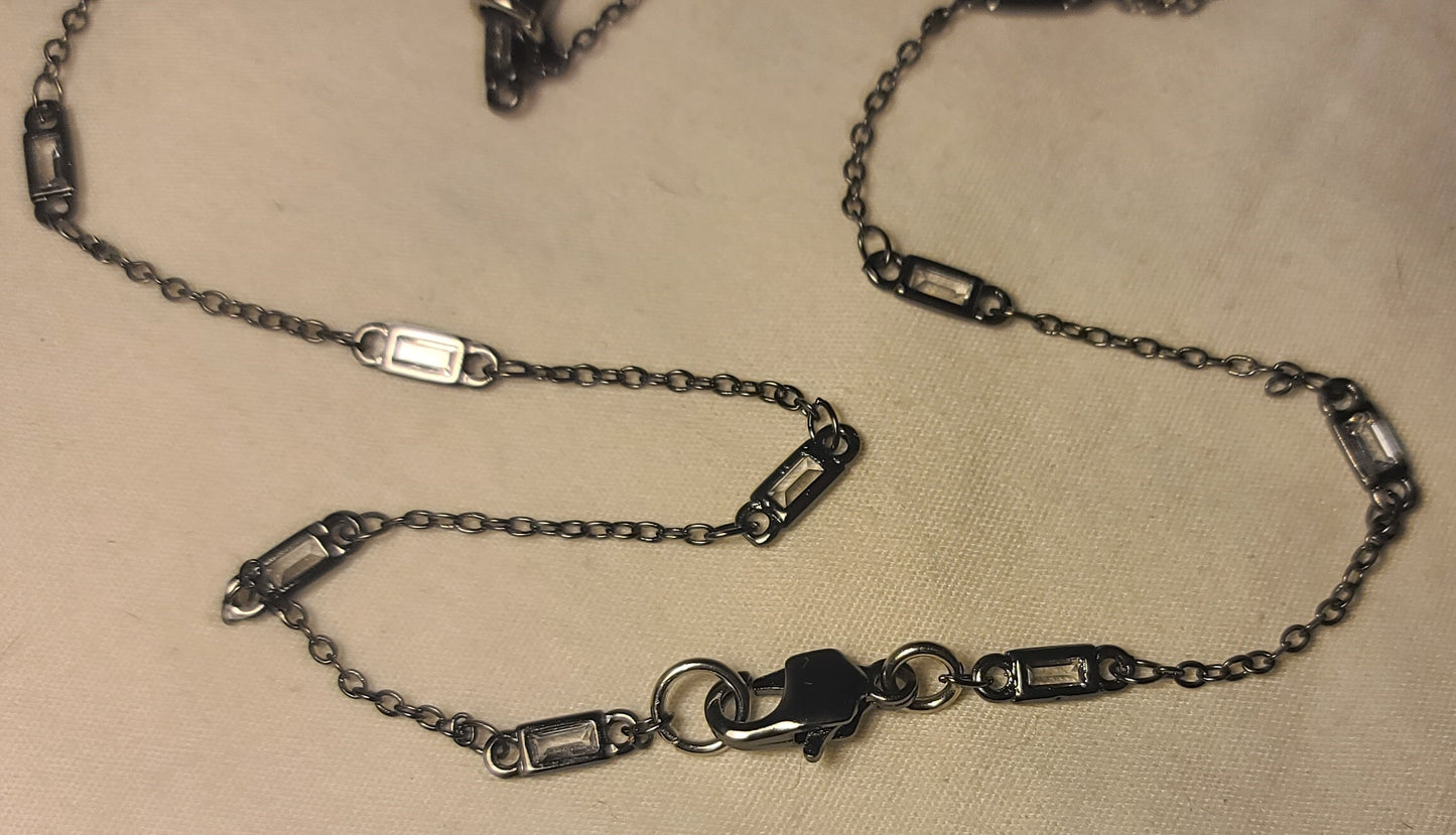 Black Teardrop Smoky & White Glass Stones Pendant Handcrafted Stainless Steel Necklace