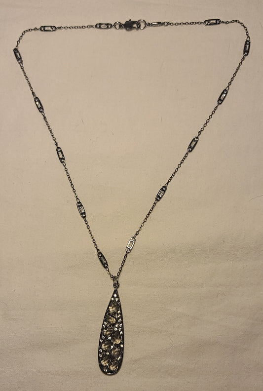 Black Teardrop Smoky & White Glass Stones Pendant Handcrafted Stainless Steel Necklace