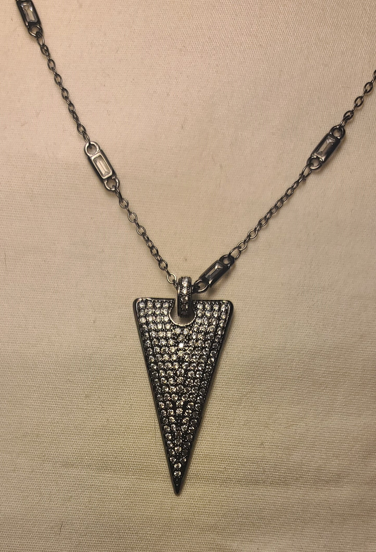 Black Triangle Pendant Necklace Handmade Stainless Steel with White Rhinestones