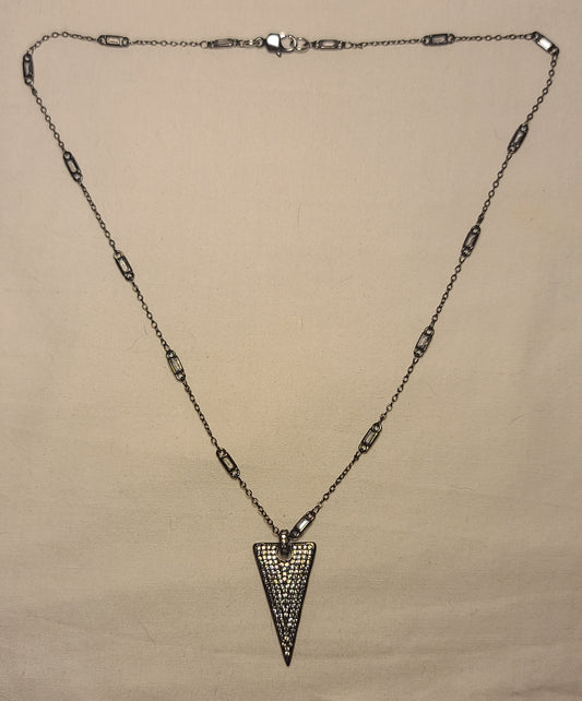 Black Triangle Pendant Necklace Handmade Stainless Steel with White Rhinestones