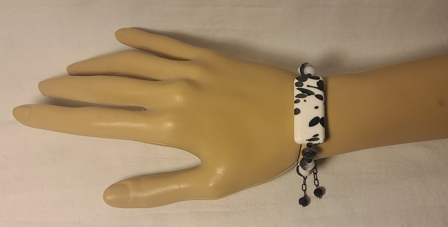 Black & White Beaded Bracelet with Statement Centerpiece Handmade Stainless Steel with Adjustable Length Bolo