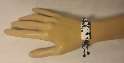 Black & White Beaded Bracelet with Statement Centerpiece Handmade Stainless Steel with Adjustable Length Bolo