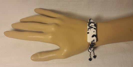 Black & White Beaded Bracelet with Statement Centerpiece Handmade Stainless Steel with Adjustable Length Bolo