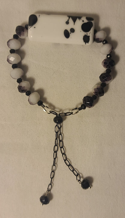 Black & White Beaded Bracelet with Statement Centerpiece Handmade Stainless Steel with Adjustable Length Bolo