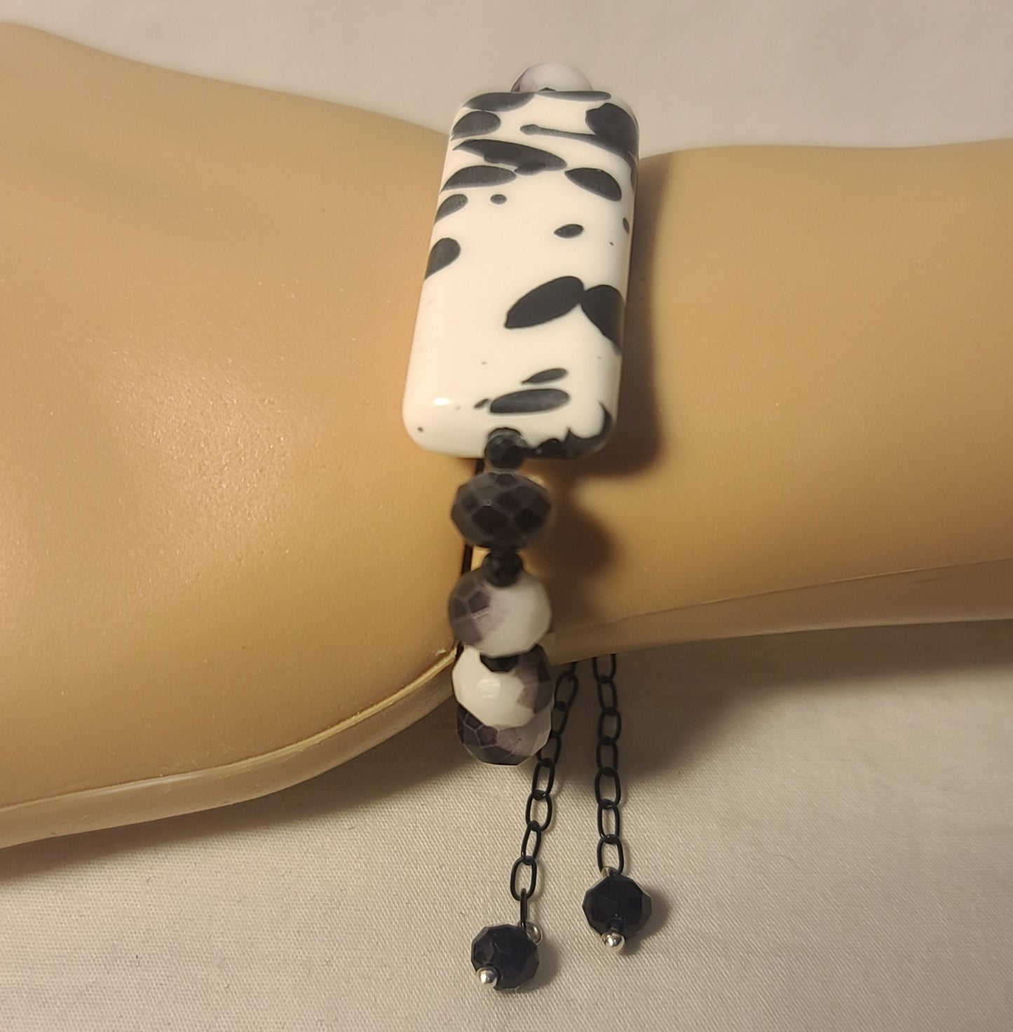 Black & White Beaded Bracelet with Statement Centerpiece Handmade Stainless Steel with Adjustable Length Bolo