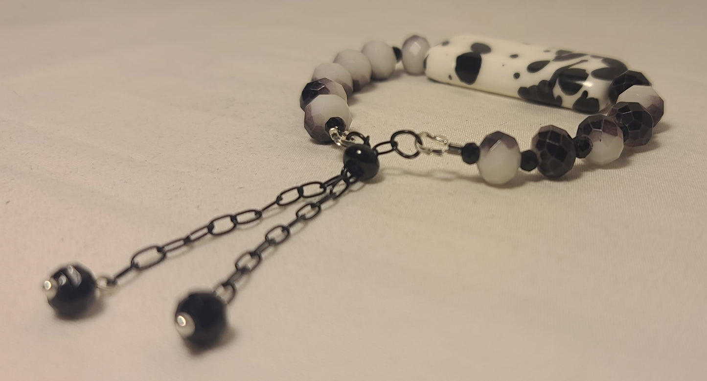 Black & White Beaded Bracelet with Statement Centerpiece Handmade Stainless Steel with Adjustable Length Bolo