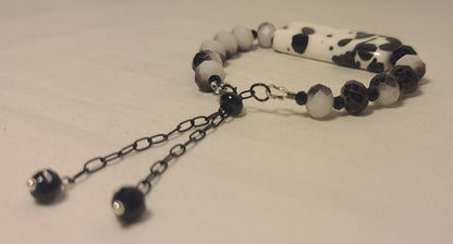 Black & White Beaded Bracelet with Statement Centerpiece Handmade Stainless Steel with Adjustable Length Bolo