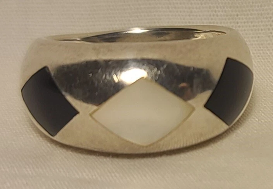 Sterling Silver Ring 7.25 – Onyx & Mother of Pearl Inlay – .925 JS Wide Band