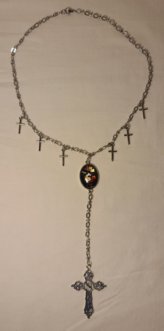 Multiple Cross & Floral Cabochon Pendant Necklace