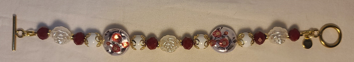 Celebration of Red Acrylic Gem & Floral Bead Necklace, Bracelet & Earrings Set Gold Stainless Steel