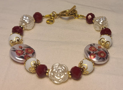 Celebration of Red Acrylic Gem & Floral Bead Necklace, Bracelet & Earrings Set Gold Stainless Steel